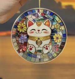開運 猫デザイン　ステンドグラス風　サンキャッチャー