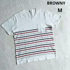 【ブラウニー】Vネック半袖Ｔシャツ カットソー (M) 白 ボーダー 綿100