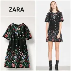 【美品】ZARA ザラ 総刺繍 花 フラワー 半袖ワンピース 膝上 黒 S
