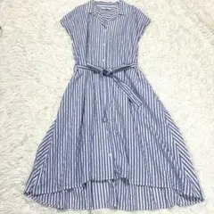 美品 サニーレーベル ロング ワンピース ストライプ コットン フリー ブルー