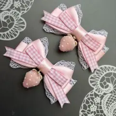 ふわいちご♡ギンガムリボン ピンク　ヘアクリップ 量産型　地雷　ゴスロリ