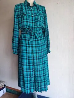 HANAMU ターコイズチェック長袖ワンピース