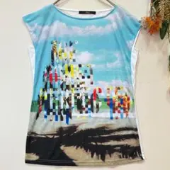 トップス　カットソー　ノースリーブ　プリント　ホワイト　韓国製　F
