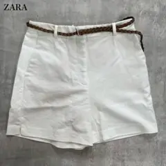 ザラ【XS】ショートパンツ ミニ丈 ジップフライ 編み込みベルト付 スムース