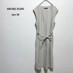 美品 ミシェルクラン ロングフレアワンピース 38 フレンチスリーブ 紐ベルト
