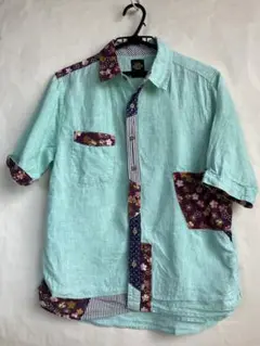 雅結　麻綿切り替え和柄シャツ