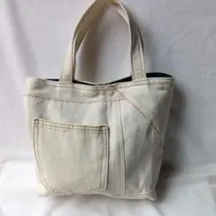 ポケット付きクリーム色ミニトートバッグ リメイク
