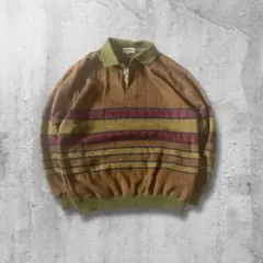 古着 ポロニット 長袖 レトロデザイン ボーダー柄 メンズ M ヴィンテージ