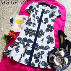 【美品】M'S GRACY フロントジップ花柄ワンピース フラワーチャーム 36