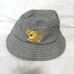 【美品】ライオン刺繍 バケットハット 白黒ストライプ サイズ52㎝