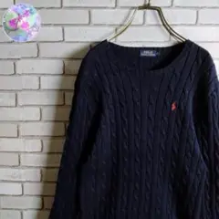 ポロラルフローレン☆コットンニット ロゴ刺繍 クルーネック ネイビー M