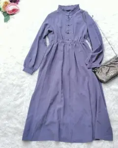 洗える✨チャイナボタン ロングワンピース　スタンドカラー　ブルーグレー　M