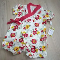 新品ベビー半袖ロンパース型花柄甚平 60-70cm 綿100% 女の子