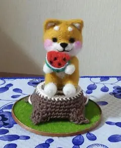 羊毛フェルト　夏　柴犬　スイカ置物