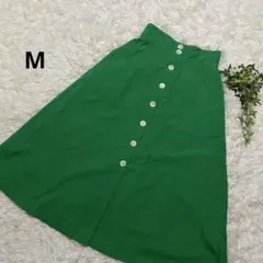 ロングフレアスカート 美シルエット　グリーン　後ろゴム　綿　M