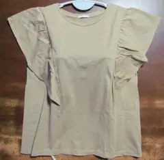 GU フリル付き半袖Tシャツ XL ベージュ ラッフルスリーブ