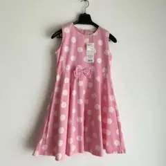 ○新品 むーのんのん ピンク 水玉 リボン Aライン ノースリーブ ワンピース