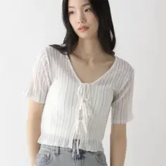 【即日発送】サマーカーディガン Heather リブ編み ホワイトストライプ