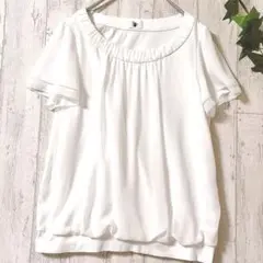 【美品】上品シフォンブラウス 白 ゆったり体型カバー裾ゴム仕様