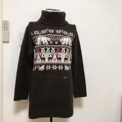 レオナールスポーツ、焦茶、丈長め、タートル厚手セーター、鹿、白熊、雪柄ニット