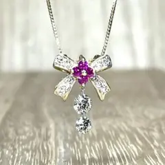 可愛い!k18 ルビー ブラウンダイヤ リボンネックレス 2.76g M1007