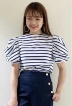 スフレパフプルオーバーボーダートップスパフスリーブパワショルTシャツ/セブンテン