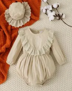 【美品】SHEIN フリル付きロンパースセット ベージュ　1-3M 女の子