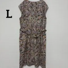 昭和レトロワンピ　ロング　ノースリーブ　L ウエストベルト　花柄　総柄