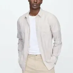 美品 25's GAP コットン リネン ベージュ ストライプ 長袖 シャツ L