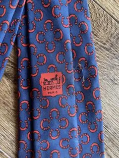 HERMES ネイビー レッド 馬蹄モチーフ ネクタイ