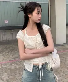 anyonemoreレイヤードホルター花柄レースTシャツ