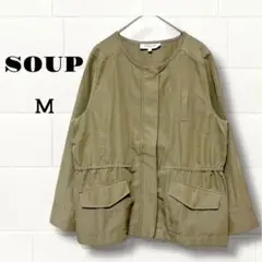 スープ ノーカラーアウター M カーキ　薄手　ジャケット　ウエストシェイプ紐付き