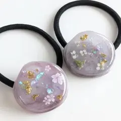 紫色の花柄レジンヘアゴム 2個セット