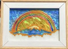 虹かかる富士ステンドグラスガラス絵の具アート幸運手描き沖縄イラスト風景画壁掛け