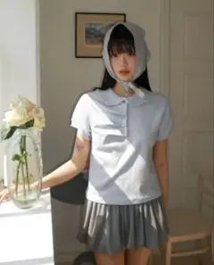 【wonderwonder】タートルネックドット ピンタック カラー半袖Tシャツ