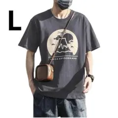 Tシャツ メンズ 半袖 大きいめ 夏トップス 富士山 火山 グレー Lサイズ