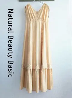 【良品】Natural Beauty Basicストライプ　Aラインワンピース黄