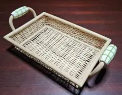 ウィッカー製バスケット グリーンチェックハンドル