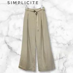 Simplicite リネン混 タック ワイドパンツ 紐ベルト付き