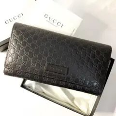 極美品 グッチ 長財布 マイクロシマ GG ダークブラウン レザー