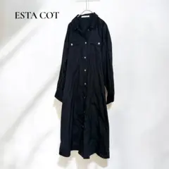 エスタコット【M】シャツワンピース ロング　カジュアル ブラック 黒　b65