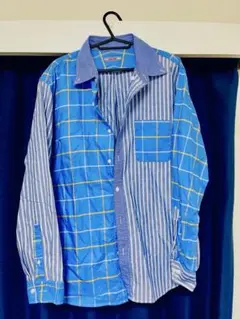 【美品】DoCLASSE 青系 ストライプ チェック 長袖シャツ