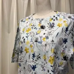 花柄五分袖トップス 水色　綿100％
