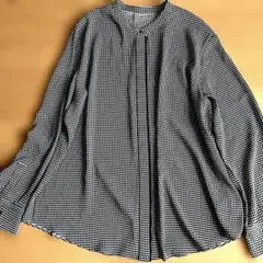 美品 ICB 千鳥格子シャツ バンドカラー XL 黒×白