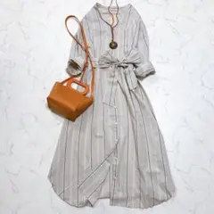 試着のみ✨ローズティアラ ストライプシャツワンピース リボンベルト 細見え L