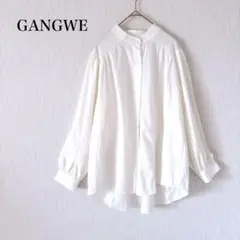 GANGWE バンドカラー 長袖ブラウス 白 ギャザーゆったりシルエット シャツ
