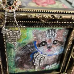 猫の絵画 金色フレーム Rose作