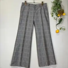 【LOUNIE】アンクルパンツ　チェック　センタープレス　茶　ワイド38