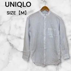 UNIQLO リネンコットンスタンドカラーシャツ ブルー M 長袖 ストライプ