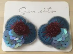No.629 ブルーと赤のお花の刺繍とスパンコールのイヤリングorピアス